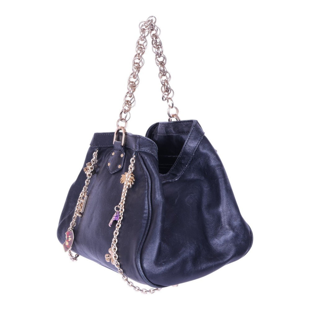 Leren Charm Tas met Kettinghengsel - Zwart