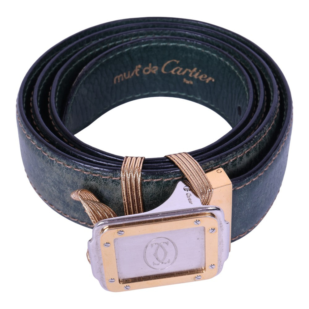 Must Riem Groen Leer - Two-Tone Plaque Gesp