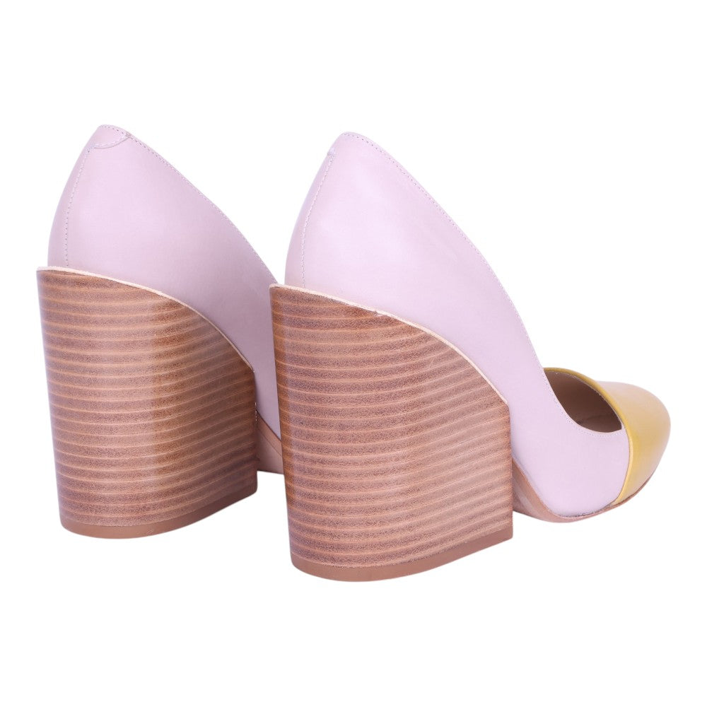Two Tone Leather Block Heel Pumps - Lila/Geel - Maat 35