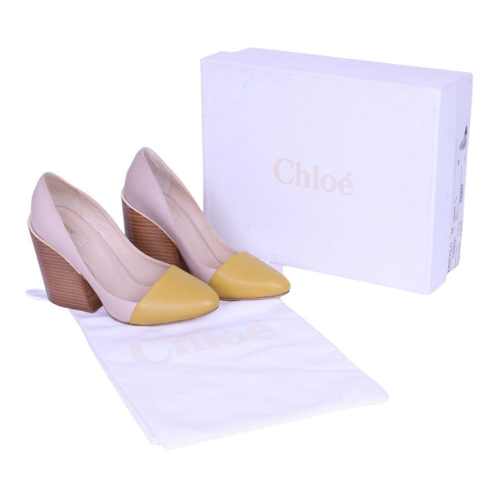 Two Tone Leather Block Heel Pumps - Lila/Geel - Maat 35