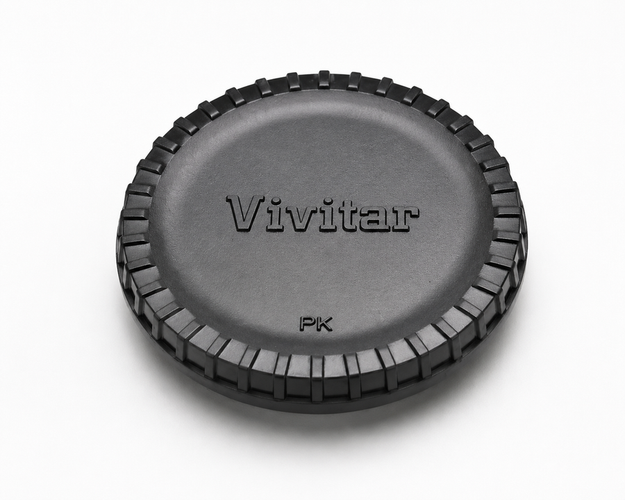 Vivitar K-mount body cap voor Pentax en Ricoh spiegelreflex, zwarte dop met Vivitar-logo en opdruk PK