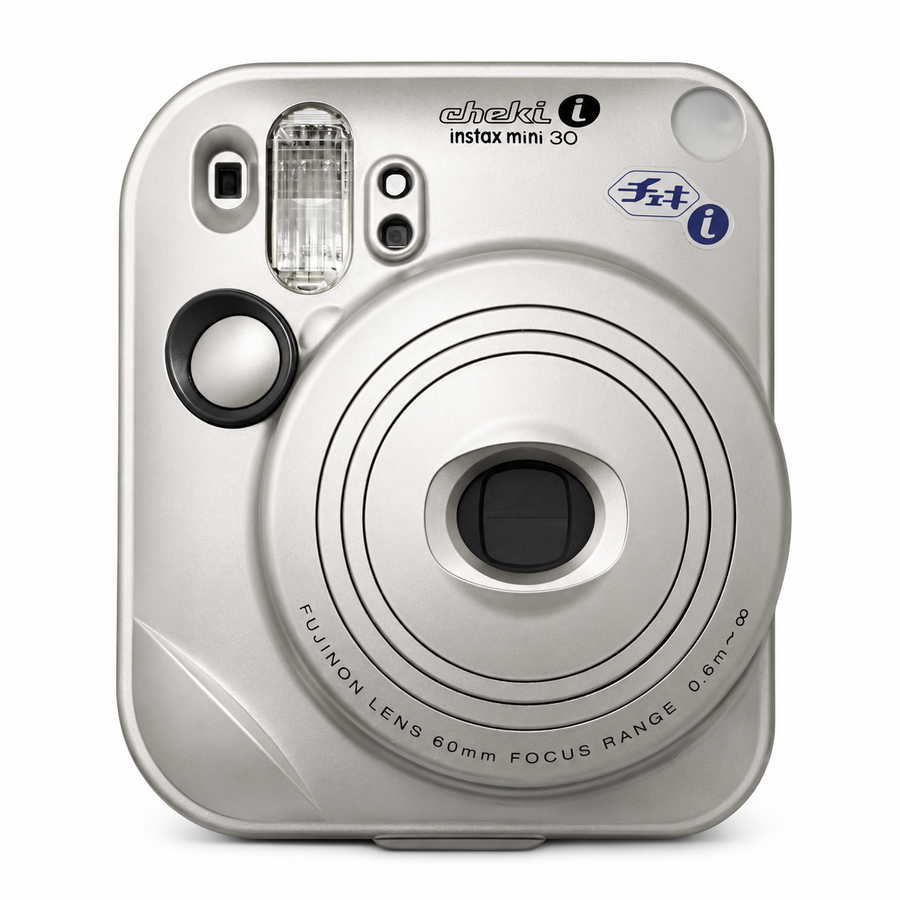 Fujifilm Instax Mini 30 instant camera, zilver, voorkant met Japans Cheki-opschrift, tweedehands