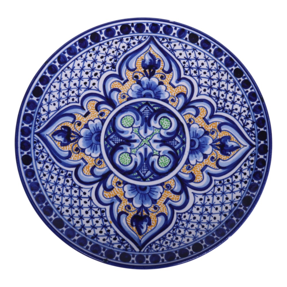 Spaans Handbeschilderd Sierbord - Talavera Stijl - Blauw met Geel Bloemmedaillon