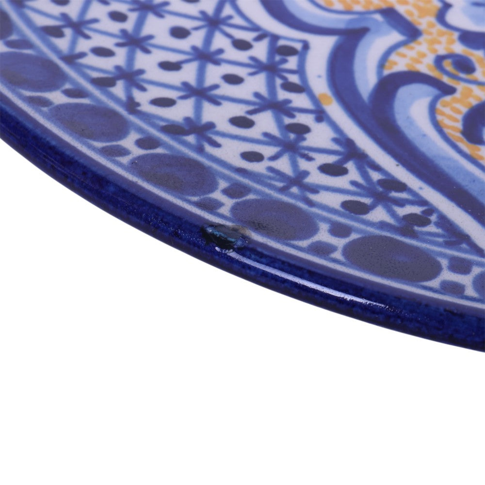Spaans Handbeschilderd Sierbord - Talavera Stijl - Blauw met Geel Bloemmedaillon