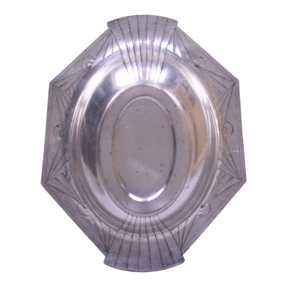 Art Deco Octagonale Schaal - Verzilverd Metaal - Waaiermotief - 37 cm