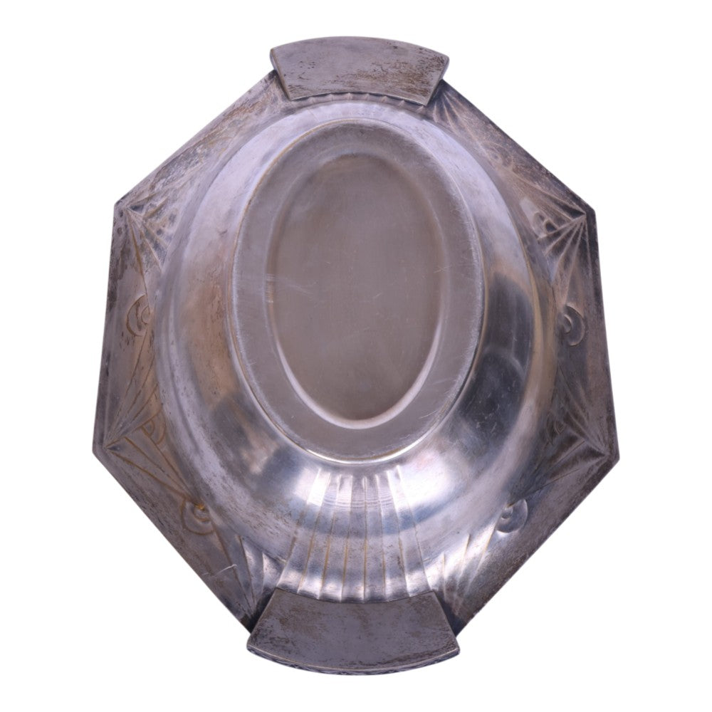 Art Deco Octagonale Schaal - Verzilverd Metaal - Waaiermotief - 37 cm