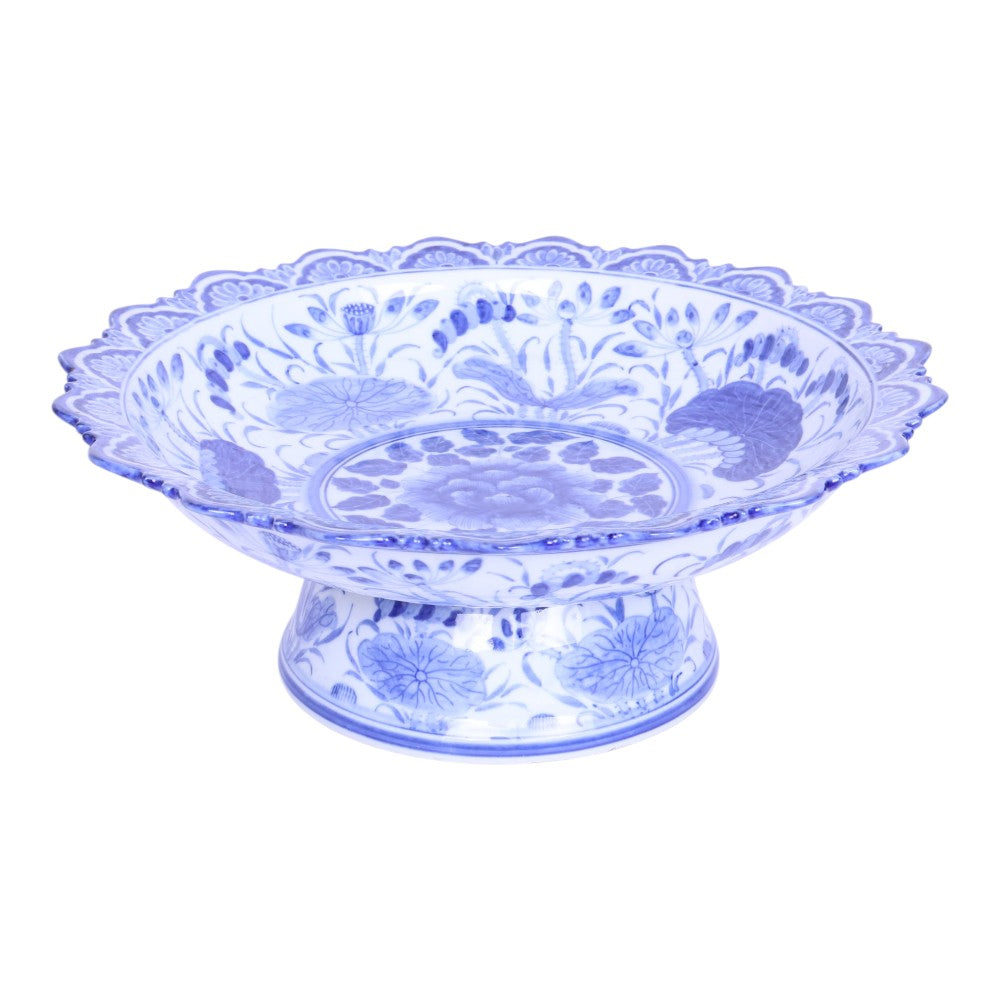 Blauw-Wit Porseleinen Voetschaal - Handbeschilderd Bloemdecor