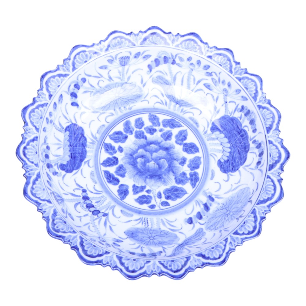 Blauw-Wit Porseleinen Voetschaal - Handbeschilderd Bloemdecor