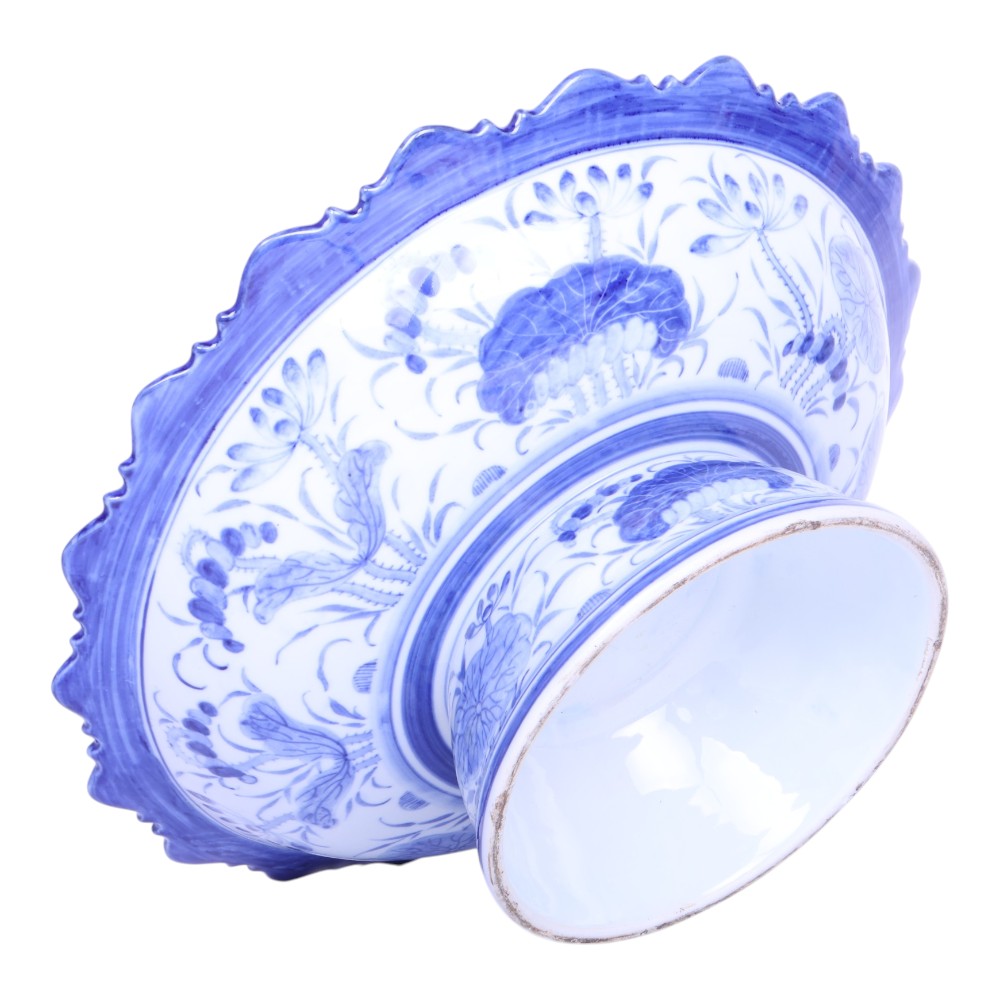 Blauw-Wit Porseleinen Voetschaal - Handbeschilderd Bloemdecor