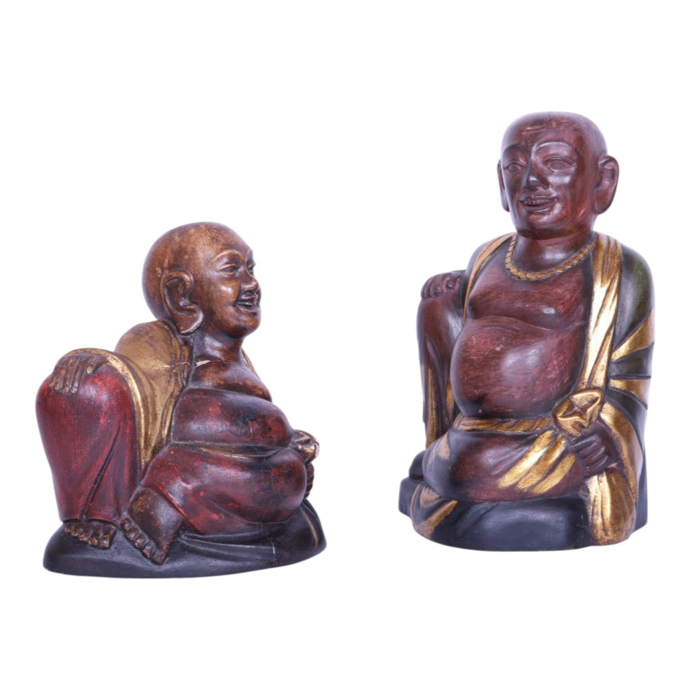 Handgesneden Lachende Boeddha Beelden - Set van 2