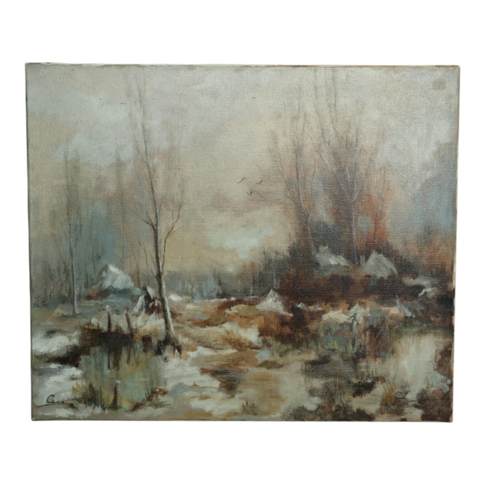 Winterlandschap met Berken en Ven - Olieverf op Doek