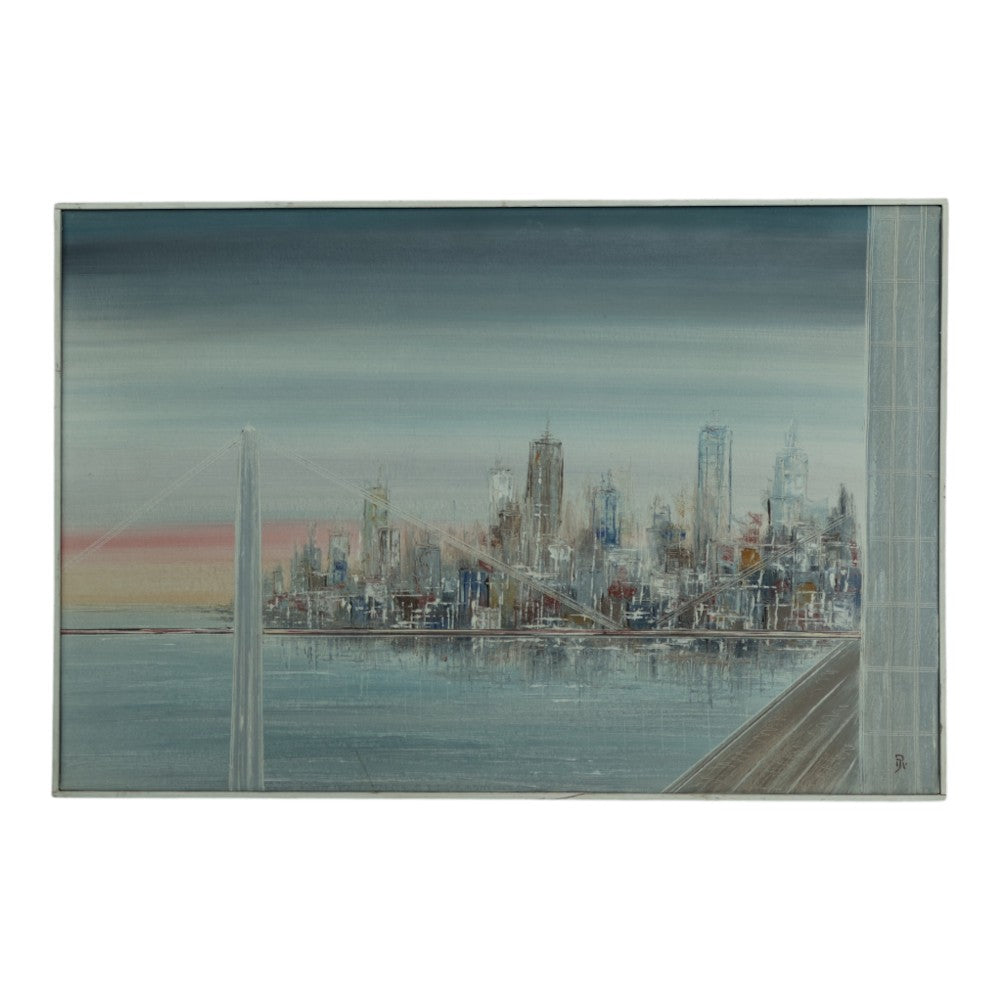 Stadsgezicht met Skyline en Hangbrug - Olieverf op Doek