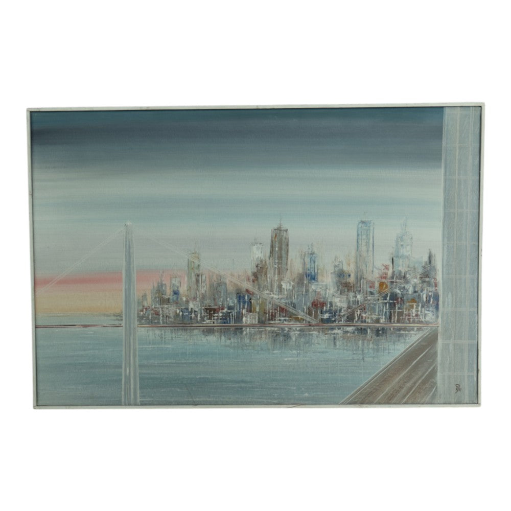 Stadsgezicht met Skyline en Hangbrug - Olieverf op Doek