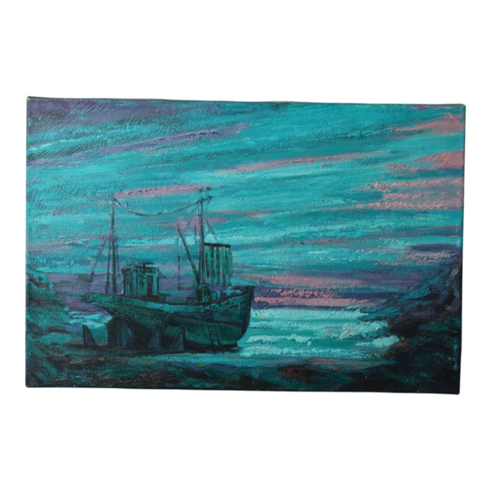 Vissersboot bij Schemering - Olieverf Schilderij (1970)