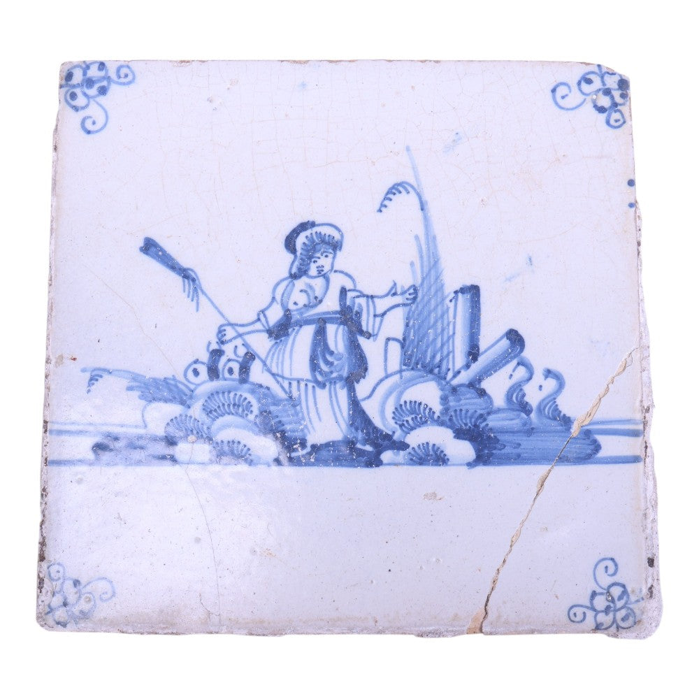 Delfts Blauw Tegeltje met Vrouw in Landschap - 18e Eeuw