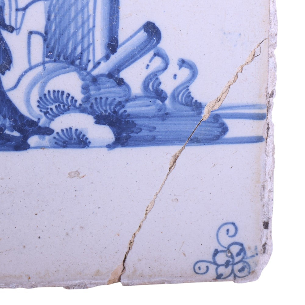 Delfts Blauw Tegeltje met Vrouw in Landschap - 18e Eeuw