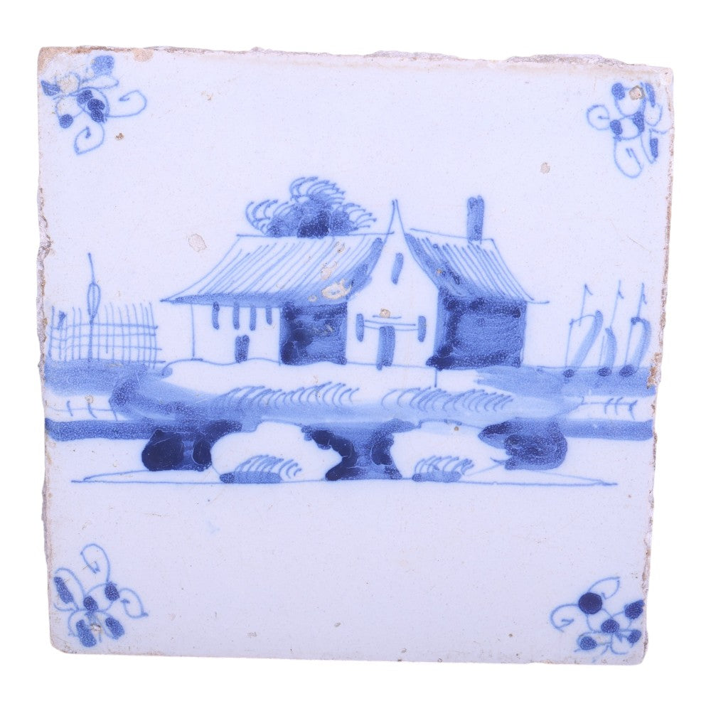 Antiek Delfts Blauw Tegeltje - Boerderij met Zeilboten - 18e Eeuw