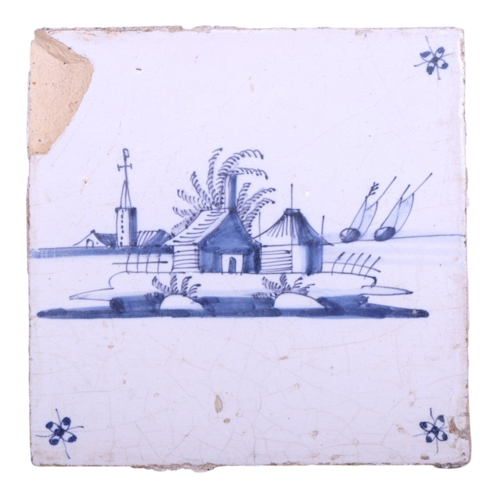 Delfts Blauw Tegeltje - Landschap met Huisje, Kerk en Zeilboten