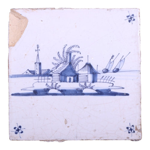 Delfts Blauw Tegeltje - Landschap met Huisje, Kerk en Zeilboten