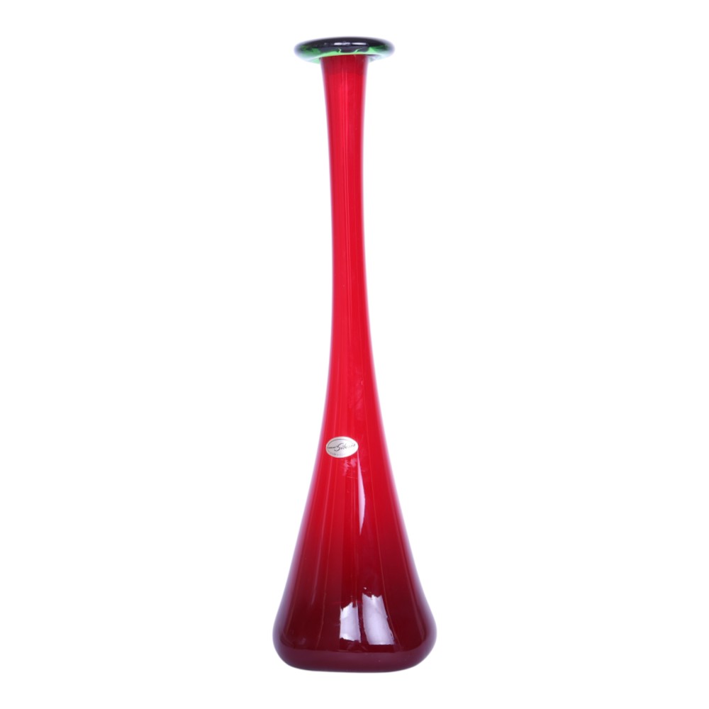 Solifleurvaas Rood met Groene Rand - Handgeblazen Overvangglas - 39 cm