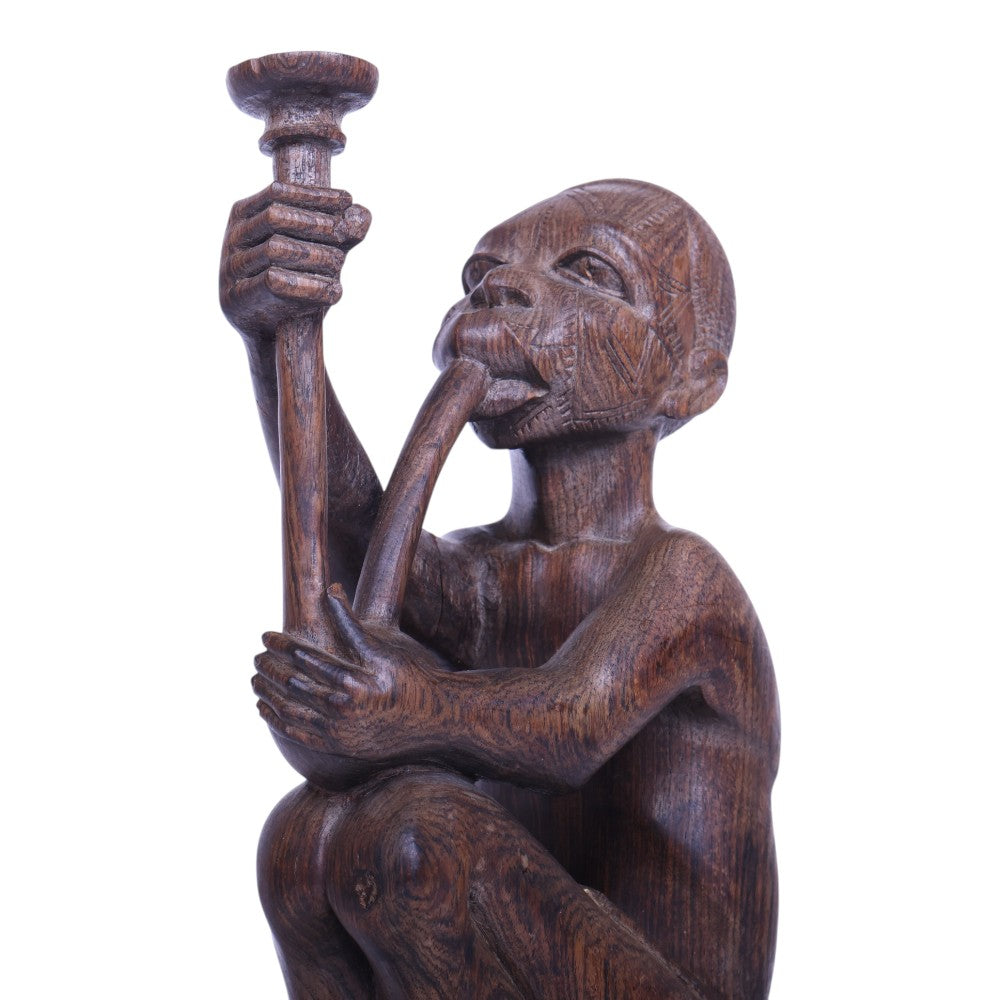Handgesneden Makonde Beeld - Pijprokende Man (Tanzania)