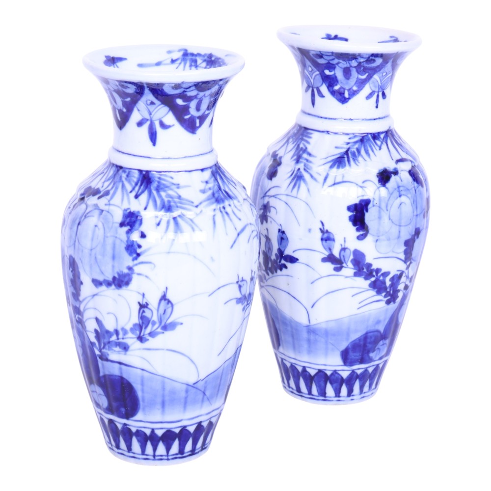 Blauw-Wit Porseleinen Vaasjes - Set van 2 - Handbeschilderd Vogel- en Bloemendecor