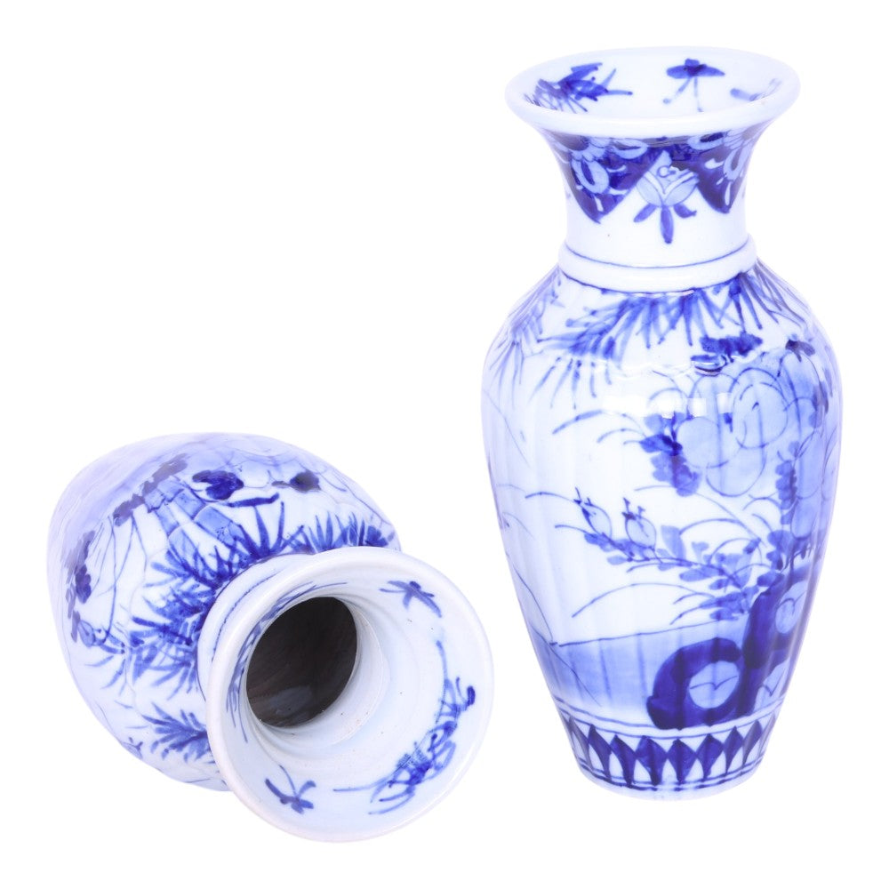 Blauw-Wit Porseleinen Vaasjes - Set van 2 - Handbeschilderd Vogel- en Bloemendecor