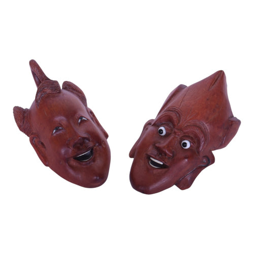 Handgesneden Houten Wandmaskers - Set van 2 - Japans