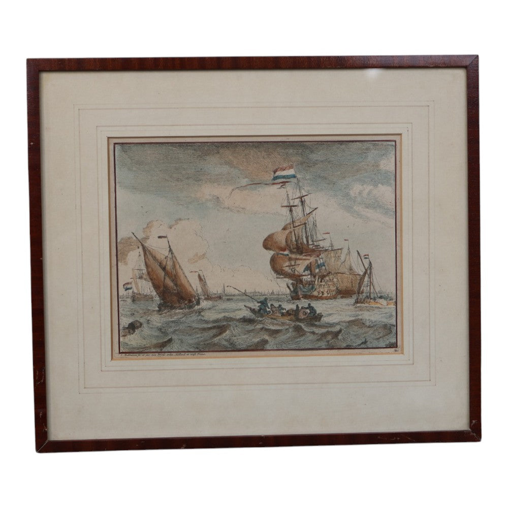 Handgekleurde Ets Zeegezicht op het IJ - Ludolf Bakhuizen 1701