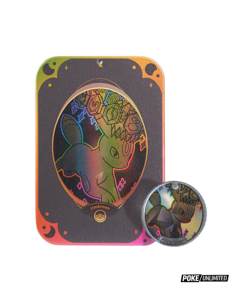 Pokémon Umbreon Terastal Gathering Metal Storage Tin, deksel met holografische Umbreon en een Umbreon-munt ernaast