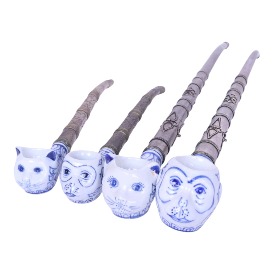 Aziatische Blauw-Wit Porseleinen Pijpen - Katten- en Apenkop - Set van 4