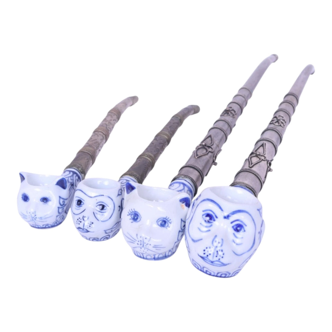 Aziatische Blauw-Wit Porseleinen Pijpen - Katten- en Apenkop - Set van 4