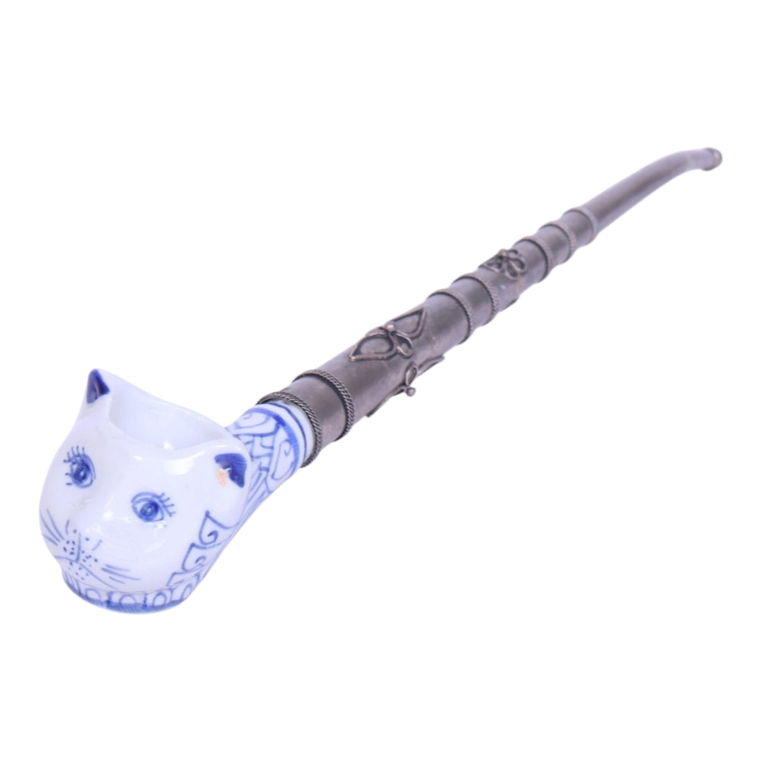 Aziatische Blauw-Wit Porseleinen Pijpen - Katten- en Apenkop - Set van 4