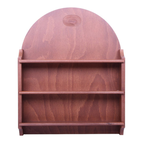 Goebel M.I. Hummel houten display wandrek voor beeldjes boogmodel zonder logoplaatje, voorkant met drie planken, tweedehands