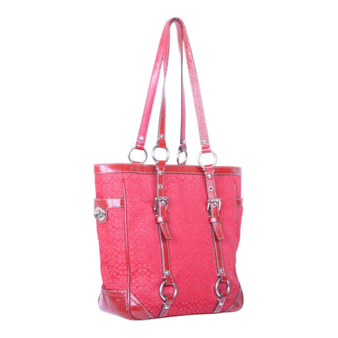 Coach Gallery Tote Signature Jacquard rood met lakleer, voorkant schuin met hengsels en gespriemen, tweedehands