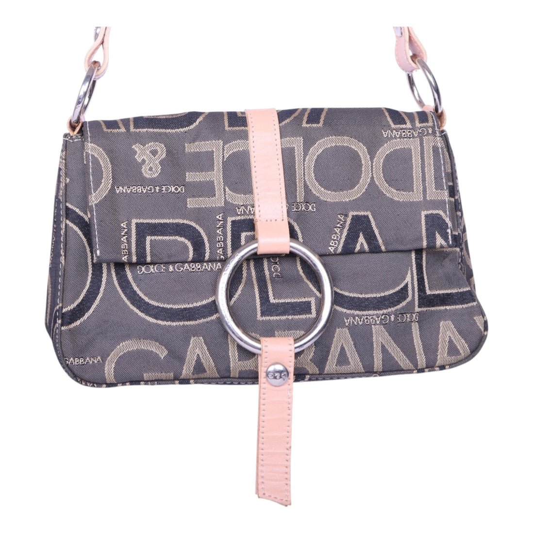 Logo Jacquard Schoudertas Grijs met Roze Leer en O-Ring