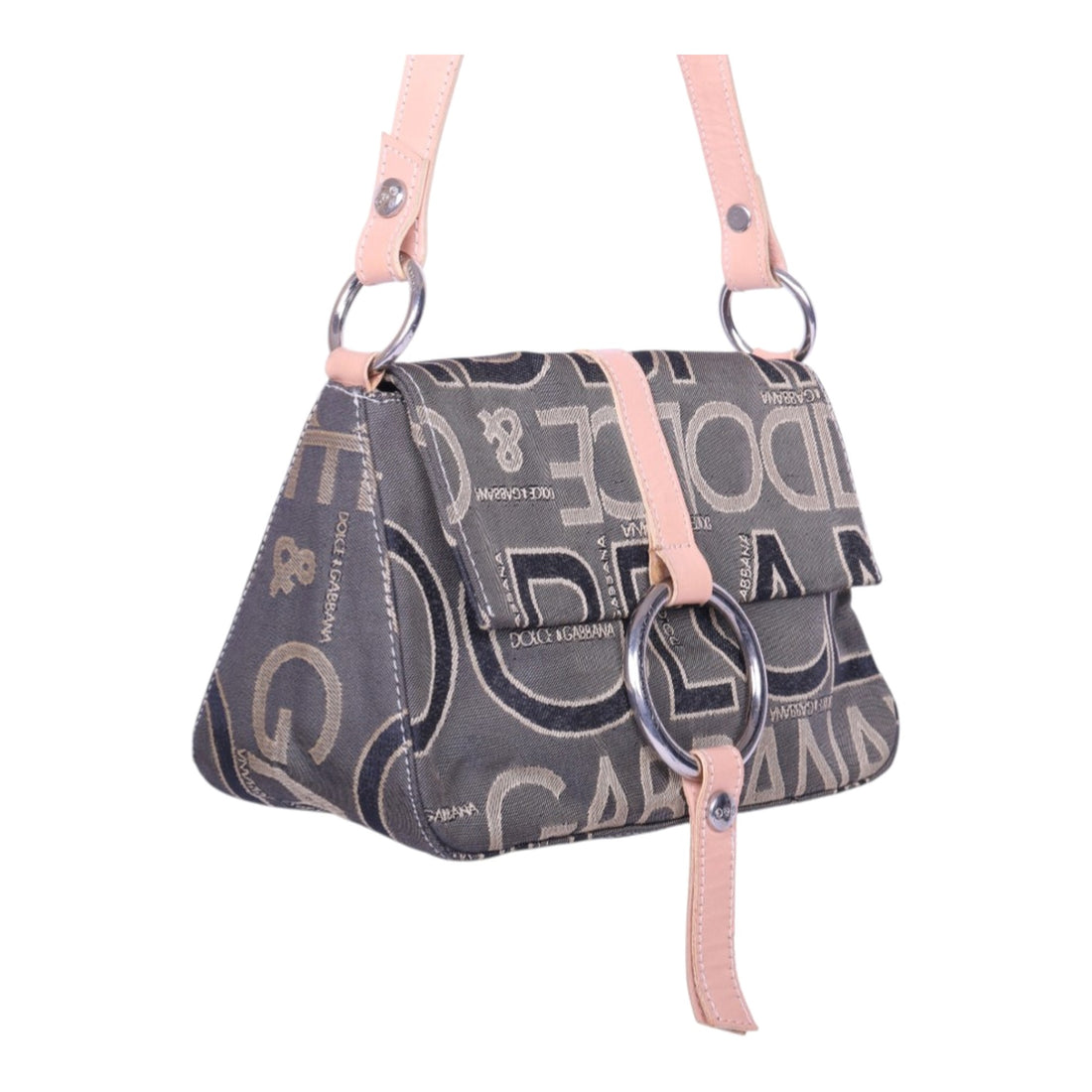 Logo Jacquard Schoudertas Grijs met Roze Leer en O-Ring