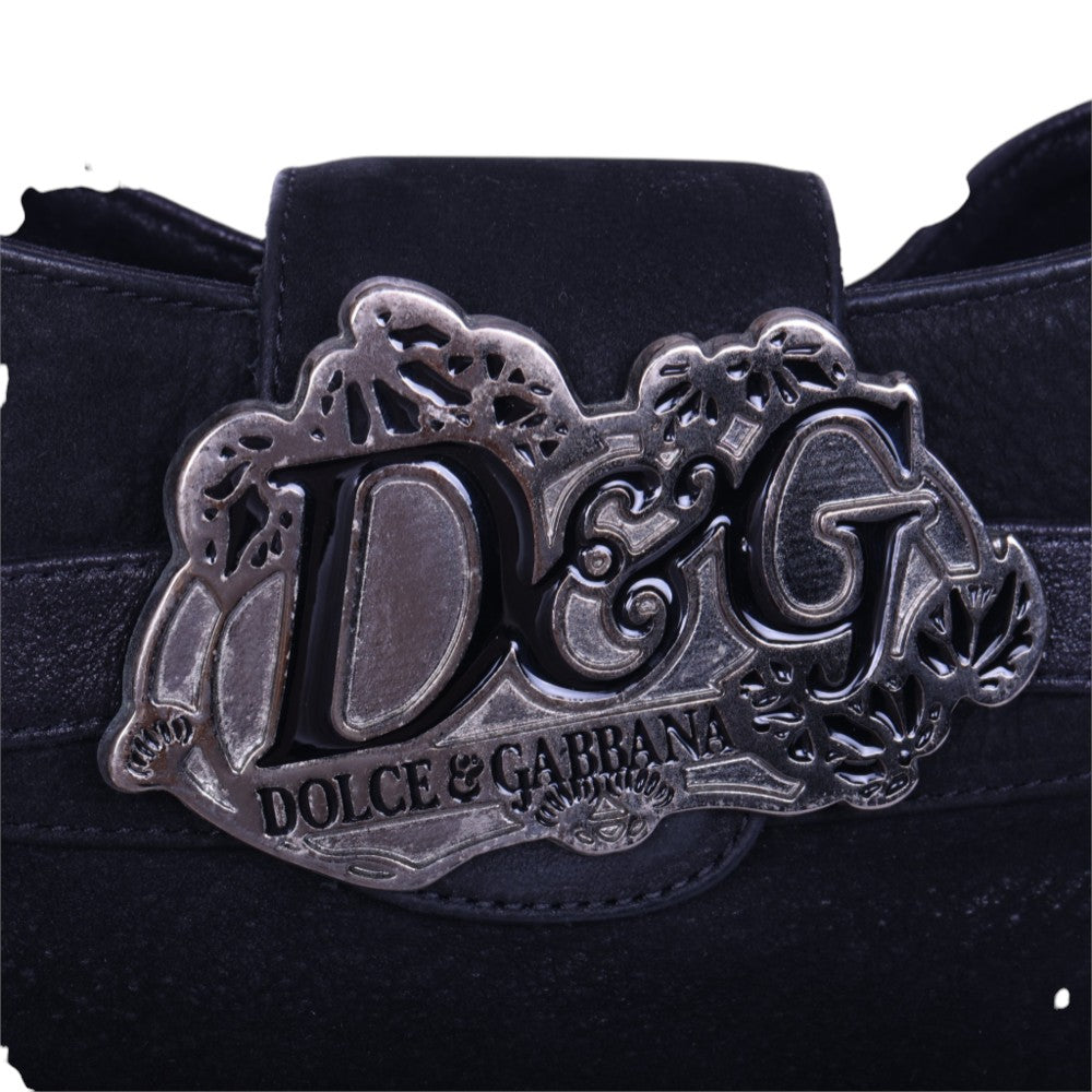 Suede Schoudertas Zwart met Logoplaquette en Gespen