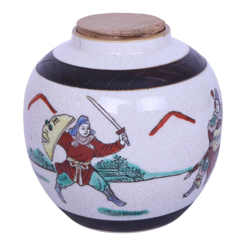 Chinese Nanking craquelé gemberpot met krijgers 12 cm, zijkant met krijger met zwaard en kurken deksel, tweedehands