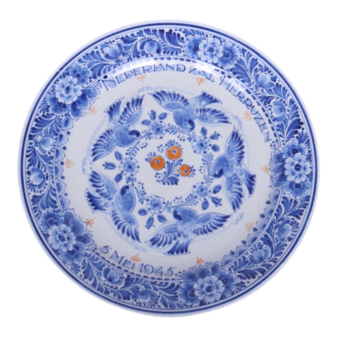 De Porceleyne Fles Nederland Zal Herrijzen Delfts blauw bevrijdingsbord 26 cm, voorkant met duiven, tweedehands