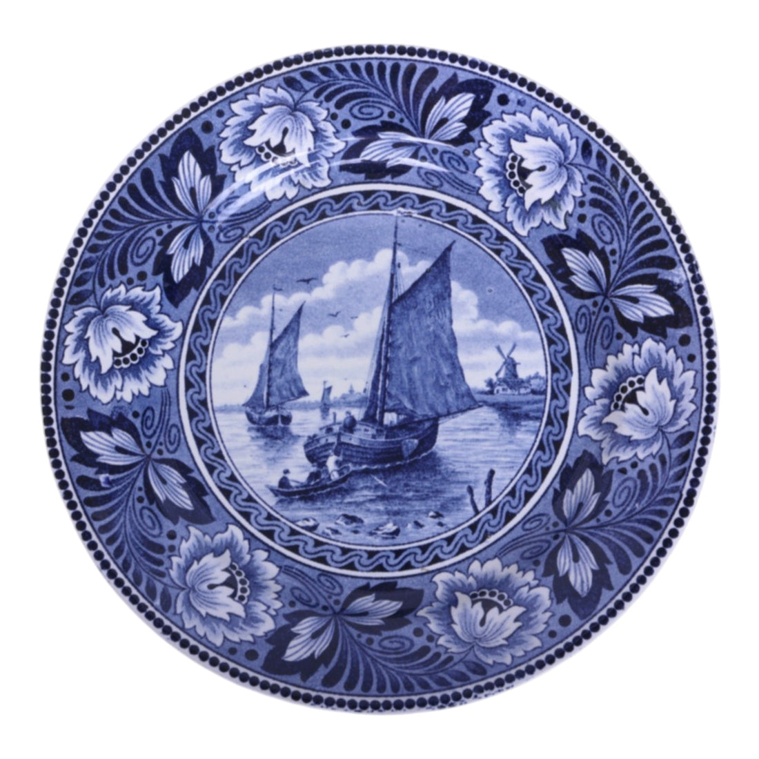 Wandbord Hollandia - Zeilschepen met Molen - Blauw-Wit Aardewerk