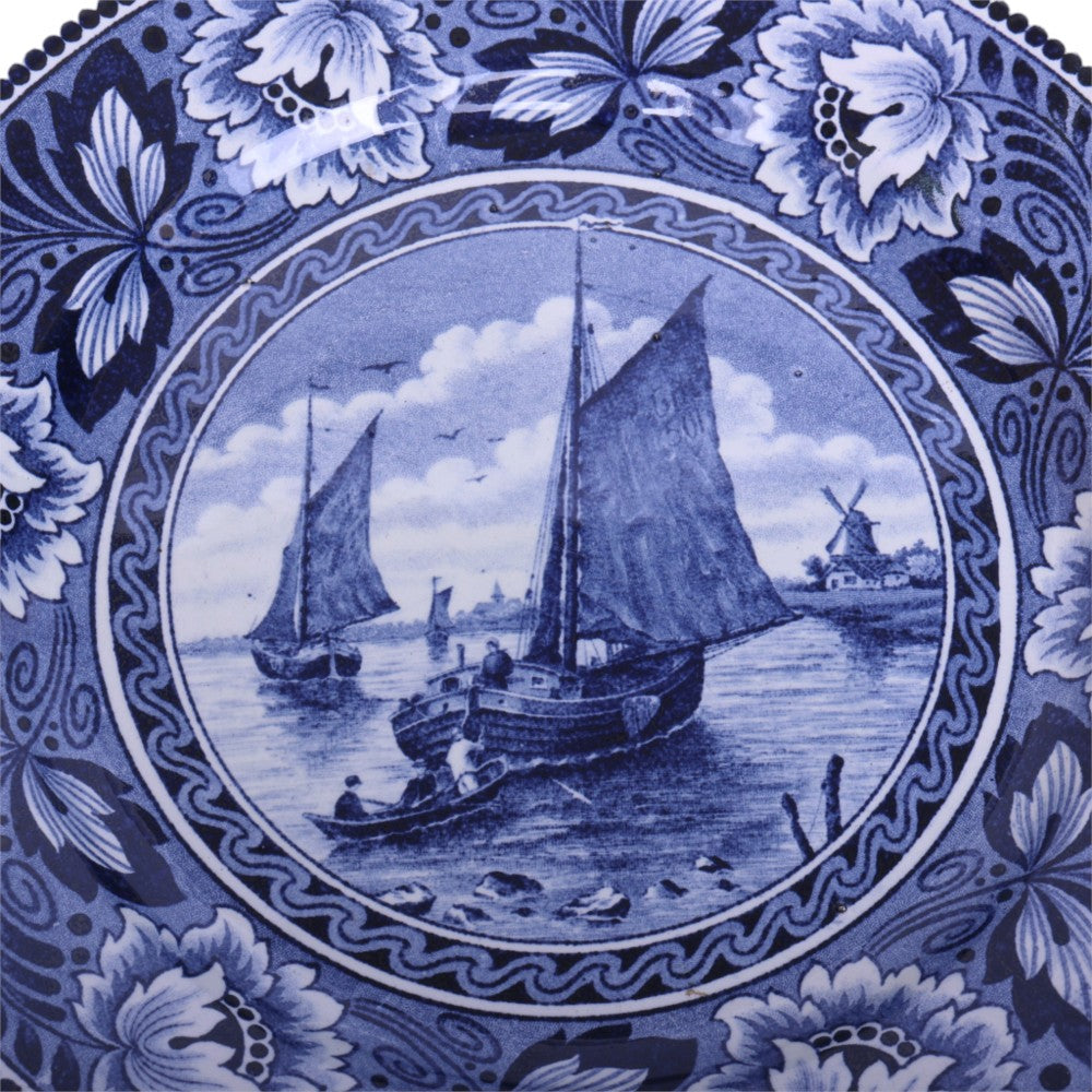 Wandbord Hollandia - Zeilschepen met Molen - Blauw-Wit Aardewerk