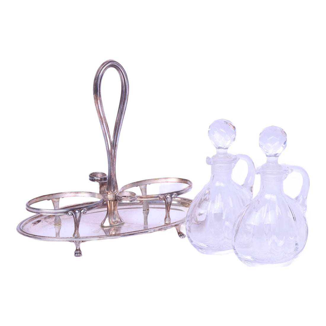 Olie- en Azijnstel - 800 Zilver met Twee Glazen Karafjes - 380 gr