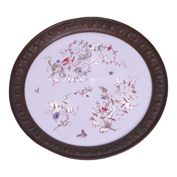 Antiek Rond Dienblad - Aardewerk met Vogel- en Vlinderdecor in Koperen Montuur - 36 cm