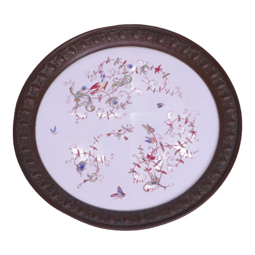 Antiek Rond Dienblad - Aardewerk met Vogel- en Vlinderdecor in Koperen Montuur - 36 cm