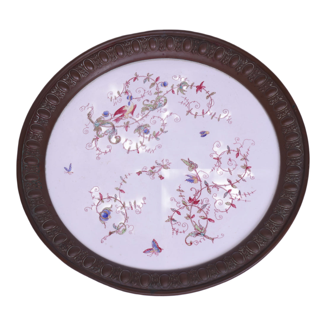 Antiek Rond Dienblad - Aardewerk met Vogel- en Vlinderdecor in Koperen Montuur - 36 cm