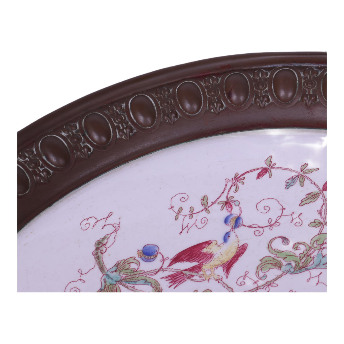 Antiek Rond Dienblad - Aardewerk met Vogel- en Vlinderdecor in Koperen Montuur - 36 cm