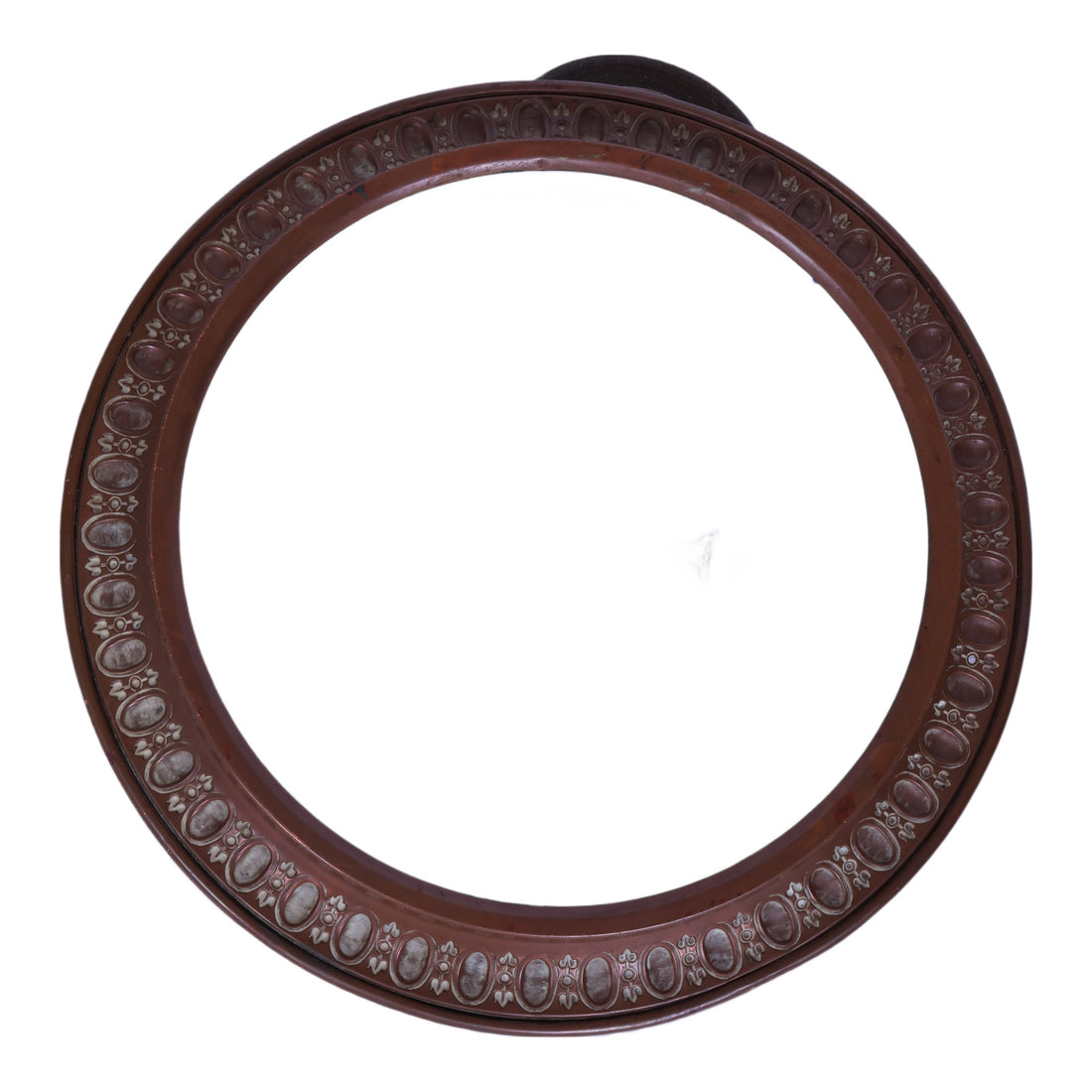 Antiek Rond Dienblad - Aardewerk met Vogel- en Vlinderdecor in Koperen Montuur - 36 cm