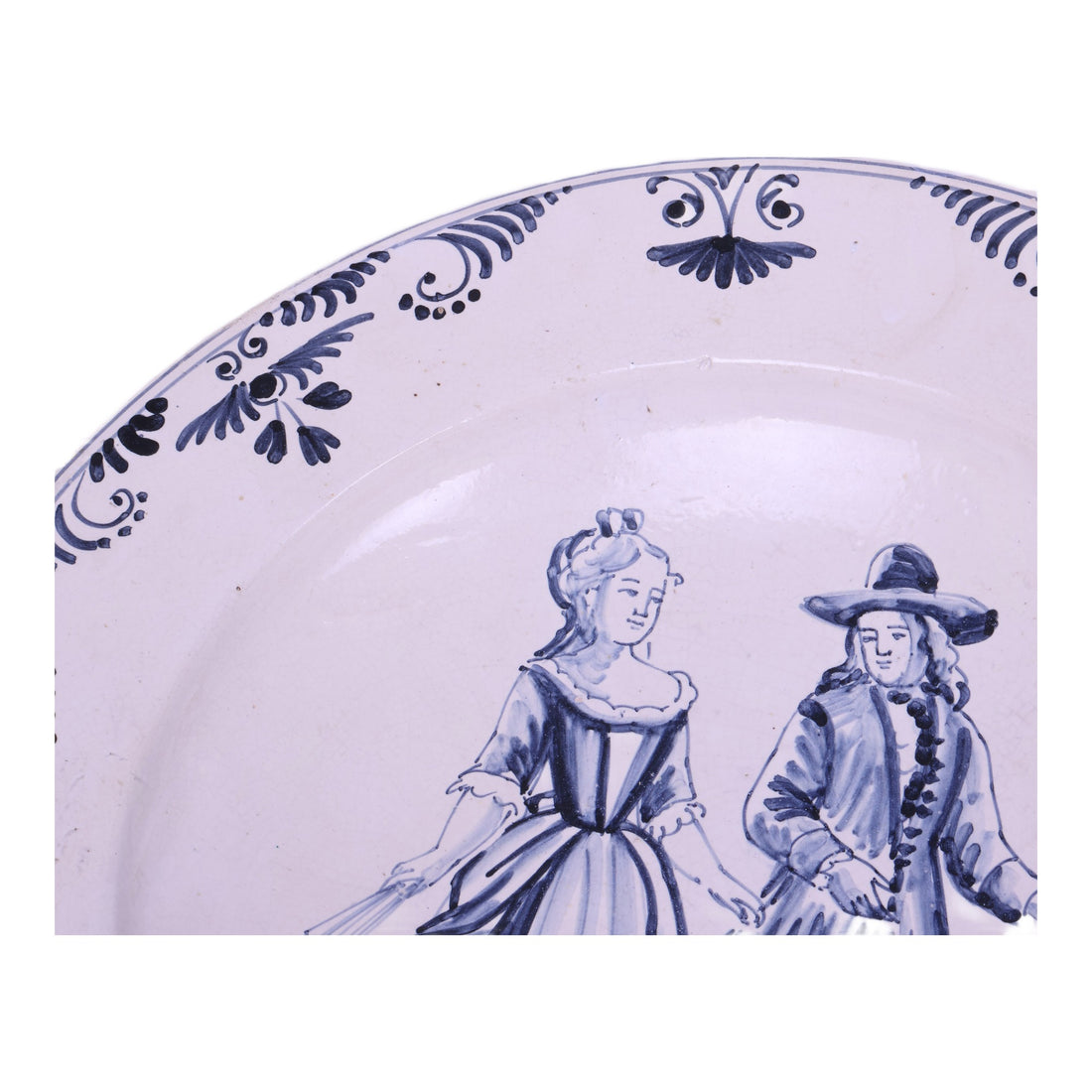 Grote Faience Schotel met Galant Paar - Blauw-Wit in Delftse Stijl - 42 cm