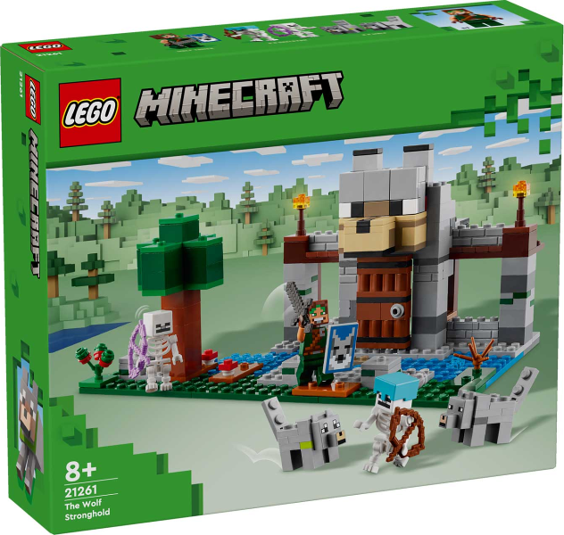 LEGO Minecraft De Wolvenburcht 21261, doos voorkant met de wolvenburcht